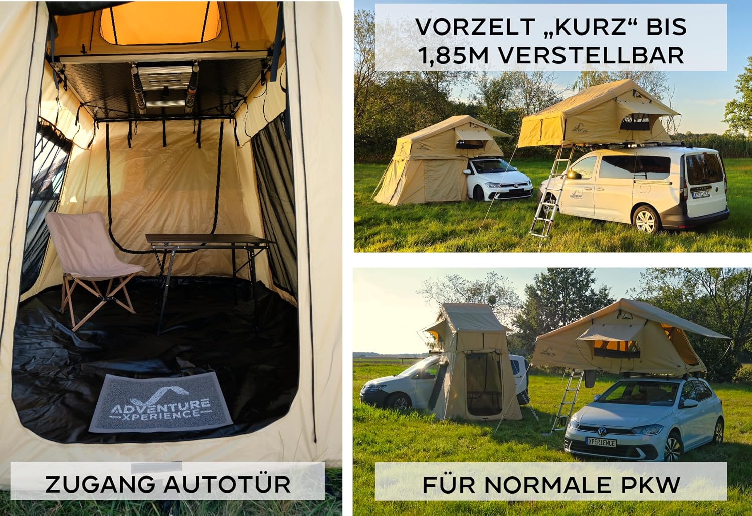 Autodachzelt mit Vorzelt 160 x 240 cm für 3-4 Personen – höhenverstellbares Vorzelt – inklusive Komfortmatratze – regensicher 5000 mm Wassersäule – Bild 6