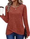 TrendiMax Leichter Strickpullover für Damen, Rundhalsausschnitt, Langarm-Oberteile, lässiger Pullover mit Knopfdetail, Herbst-Tunika-Oberteile