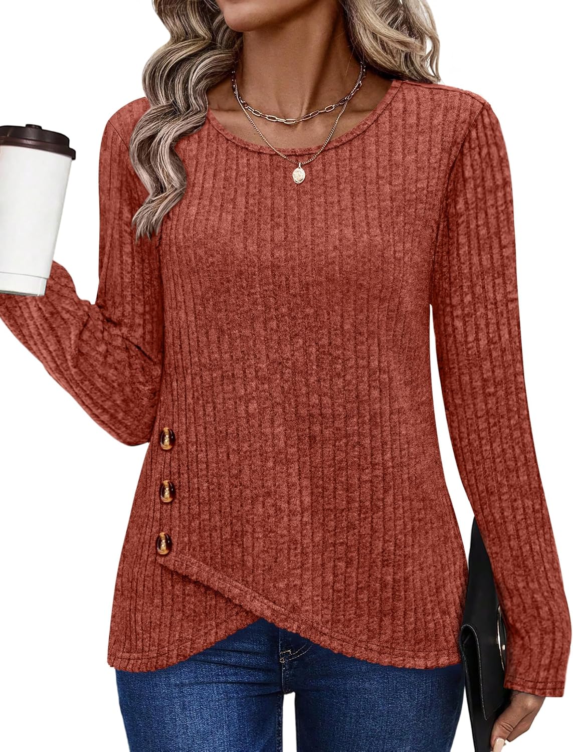 TrendiMax Leichter Strickpullover für Damen, Rundhalsausschnitt, Langarm-Oberteile, lässiger Pullover mit Knopfdetail, Herbst-Tunika-Oberteile