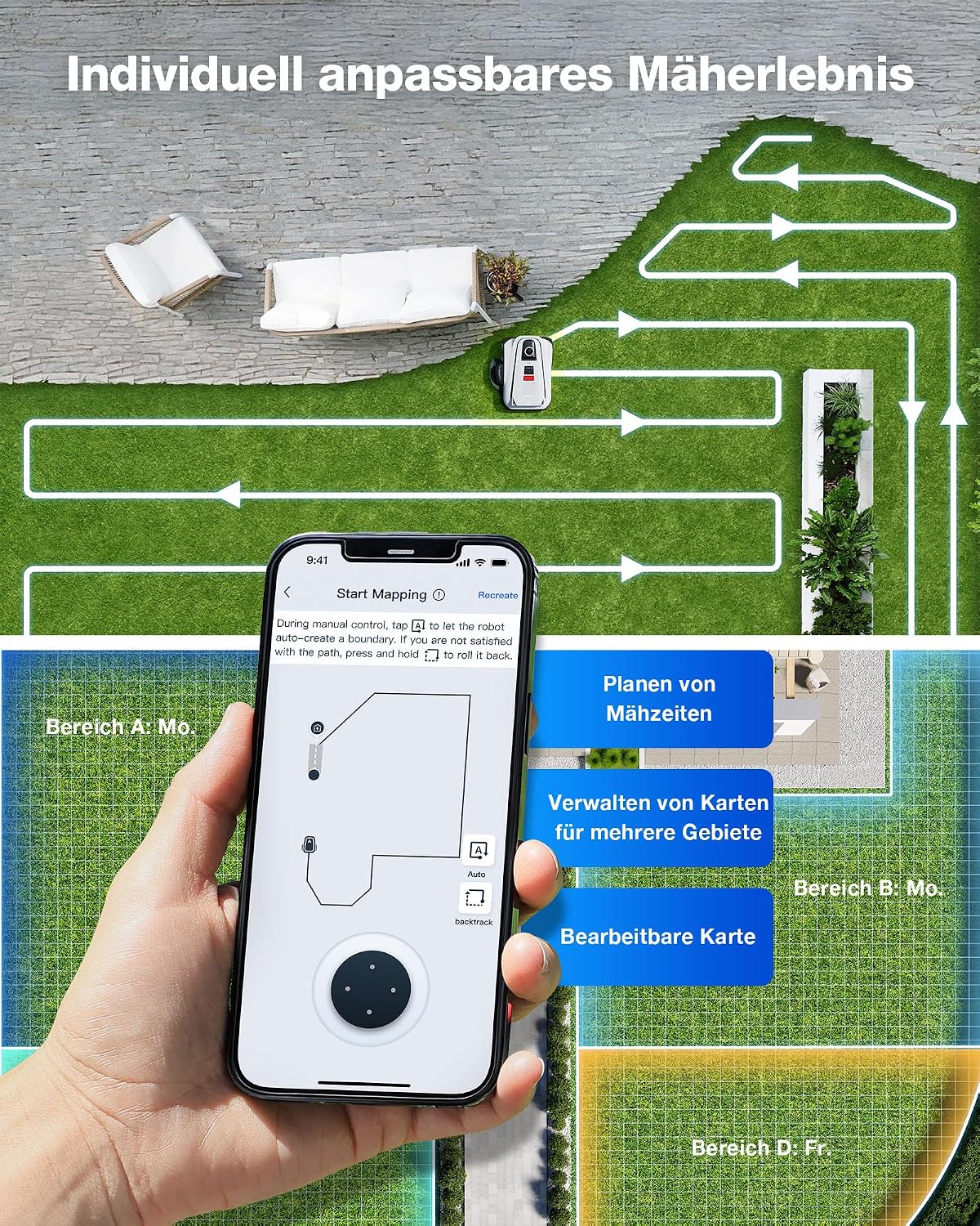 ECOVACS GOAT A1600 LiDAR PRO Care Kit Roboter-Rasenmäher ohne Begrenzungskabel, 1.600 m², 360° Dual-LiDAR-Navigation, automatische Kartierung, KI-3D-Hindernisvermeidung, superschnelles Laden, 50 % Steigung – Bild 9